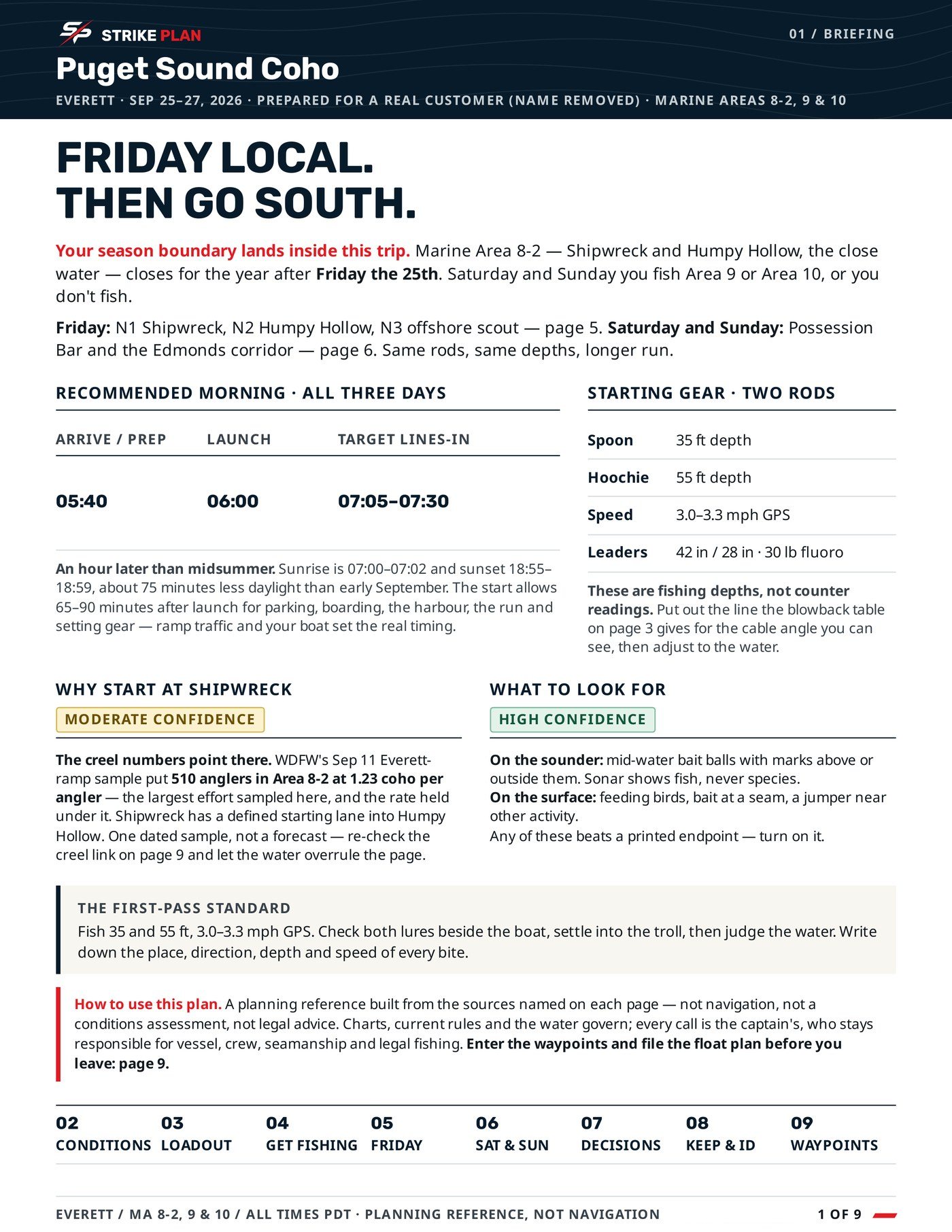 Page one of a StrikePlan for Puget Sound coho: the shape of the trip, the season boundary, recommended morning timing and starting gear.
